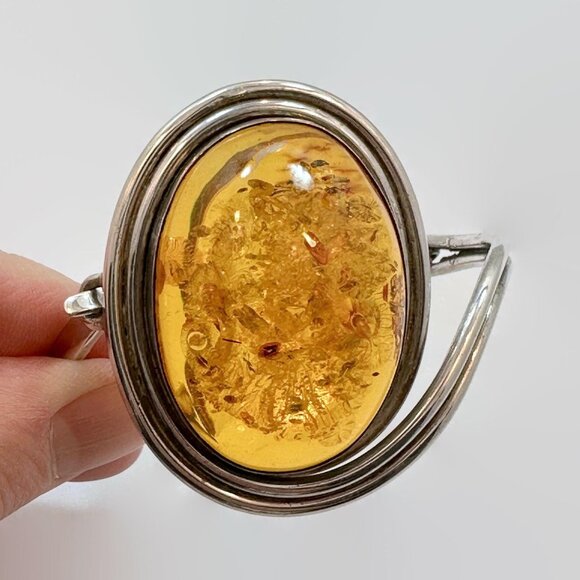 Amber Bracelet, Honey Amber, Sterling Silver, Hinged Bangle, Vintage Bracelet